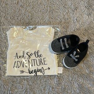 White Graphic onesie and Black Baby Shoes, Size 3-6 months